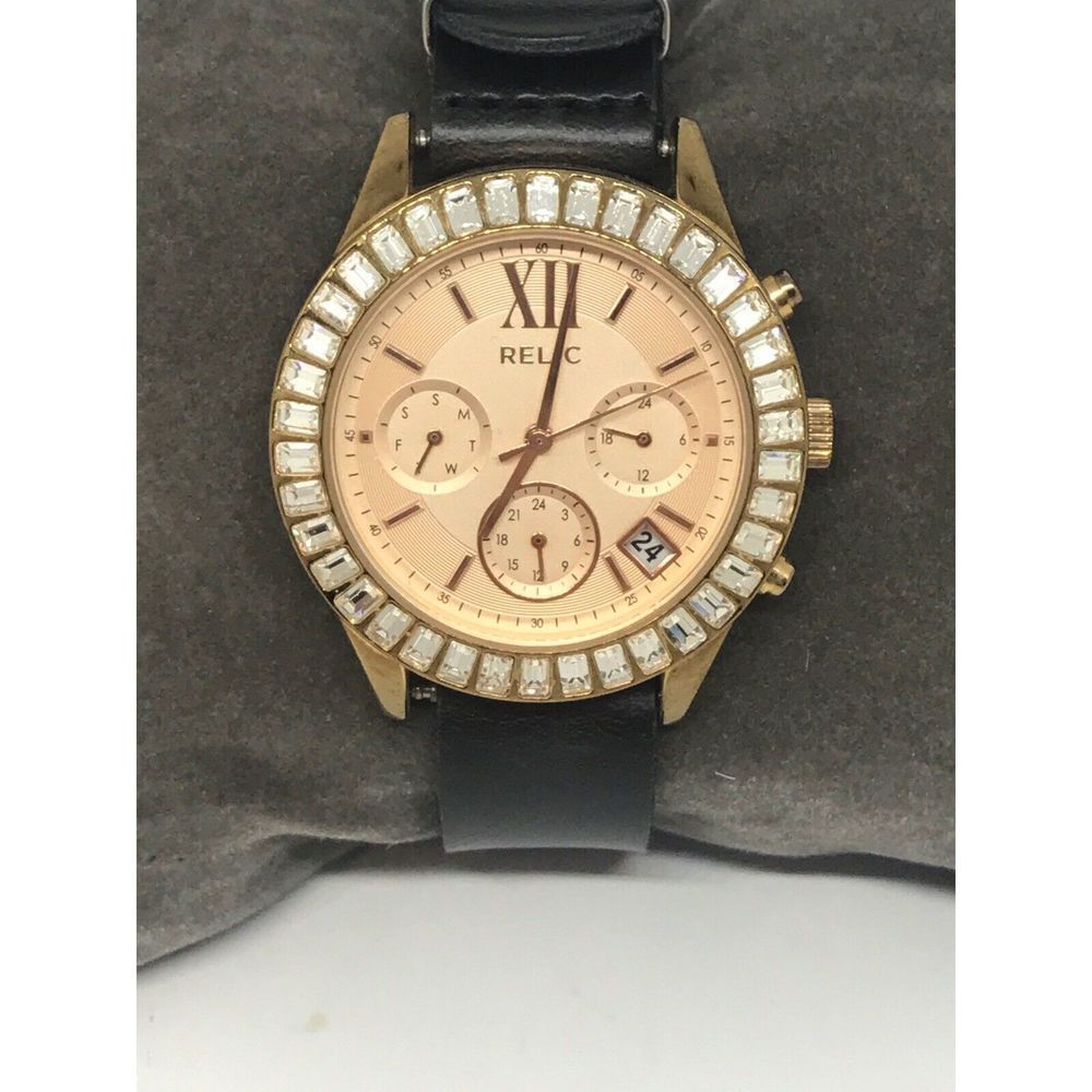 Relic Zr15802 Women Black Leather Analog Rose Gold Dial Quartz Wrist Watch No26
